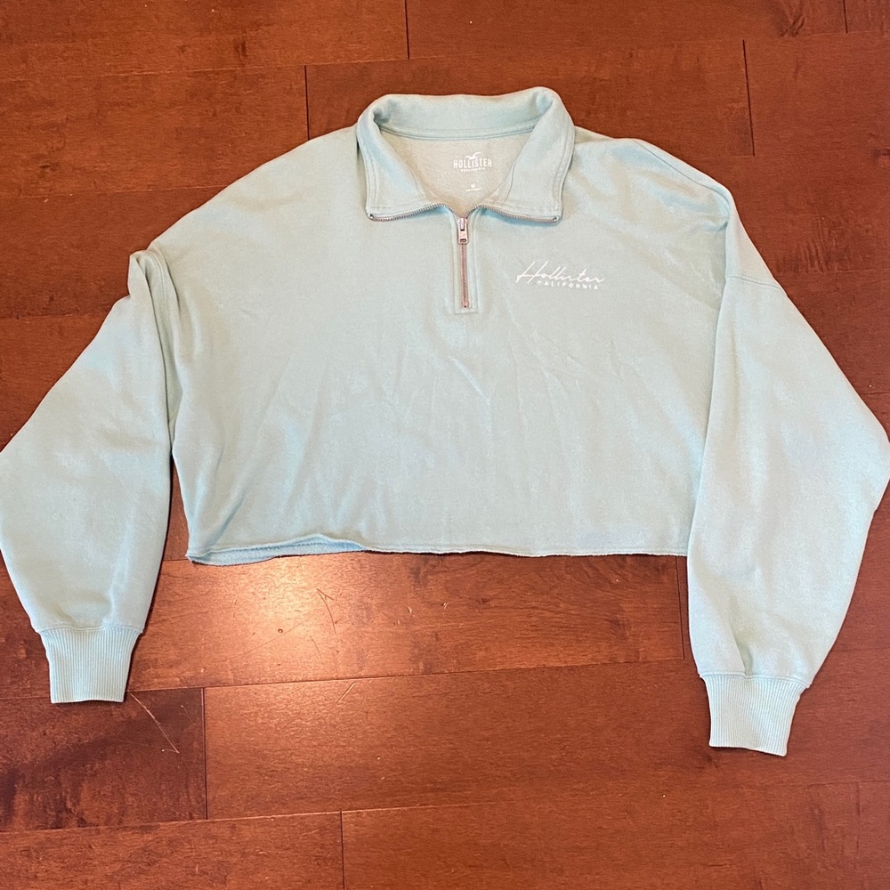 Hollister Women's Oversized Turquoise Quarter-Zip Sweatshirt